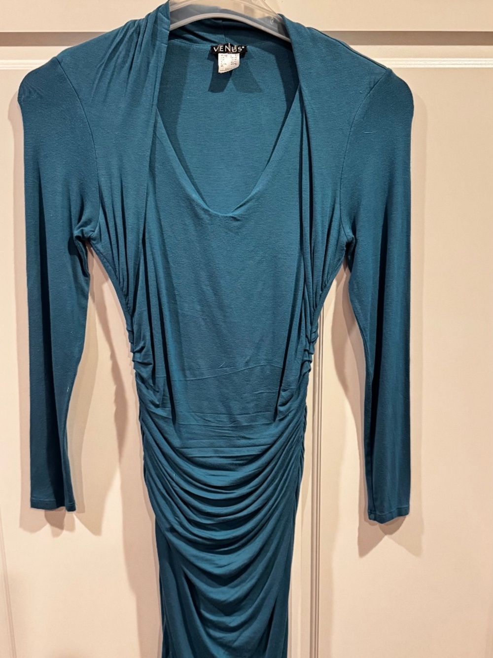 VENUS Teal Ruched Bodycon Midi Dress Long Sleeve V-Neck – Size S